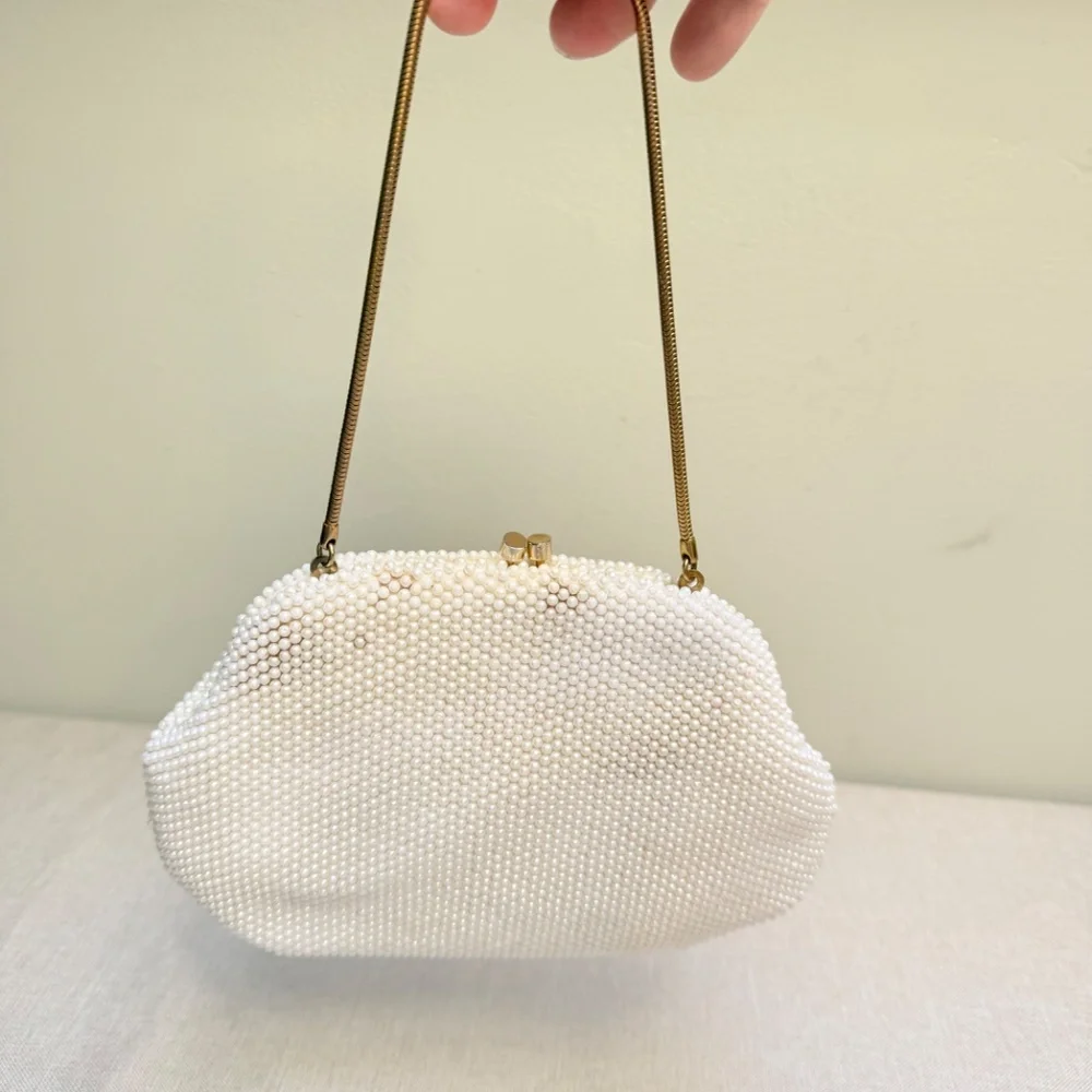 Vintage Made in Hong Kong Ivory and Gold Beaded Purse Handbag